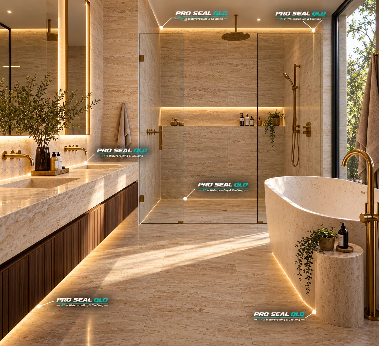 A finished bathroom with a walk-in shower, freestanding bath and double vanity, labelled with the Pro Seal QLD sealing points