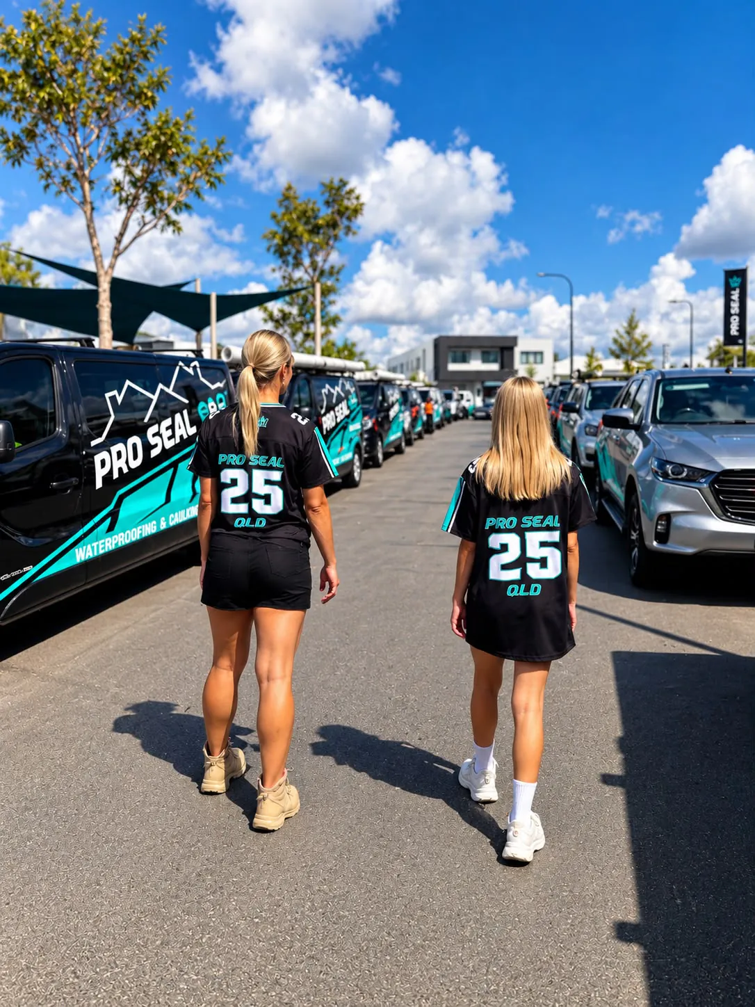 Two Pro Seal QLD team members in number 25 team jerseys walking past the branded fleet