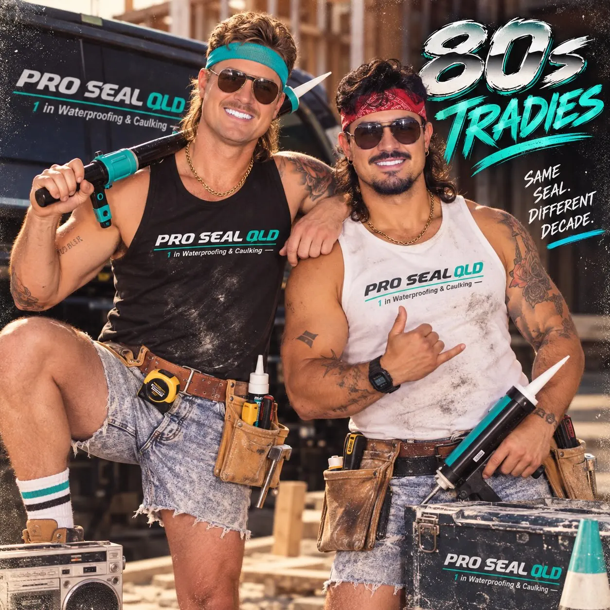 Two Pro Seal technicians in 80s-themed gear holding caulking guns